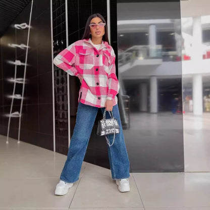 Damen Karierte overshirt mit weichem Fleece und Druckknopfverschluss Merchesia