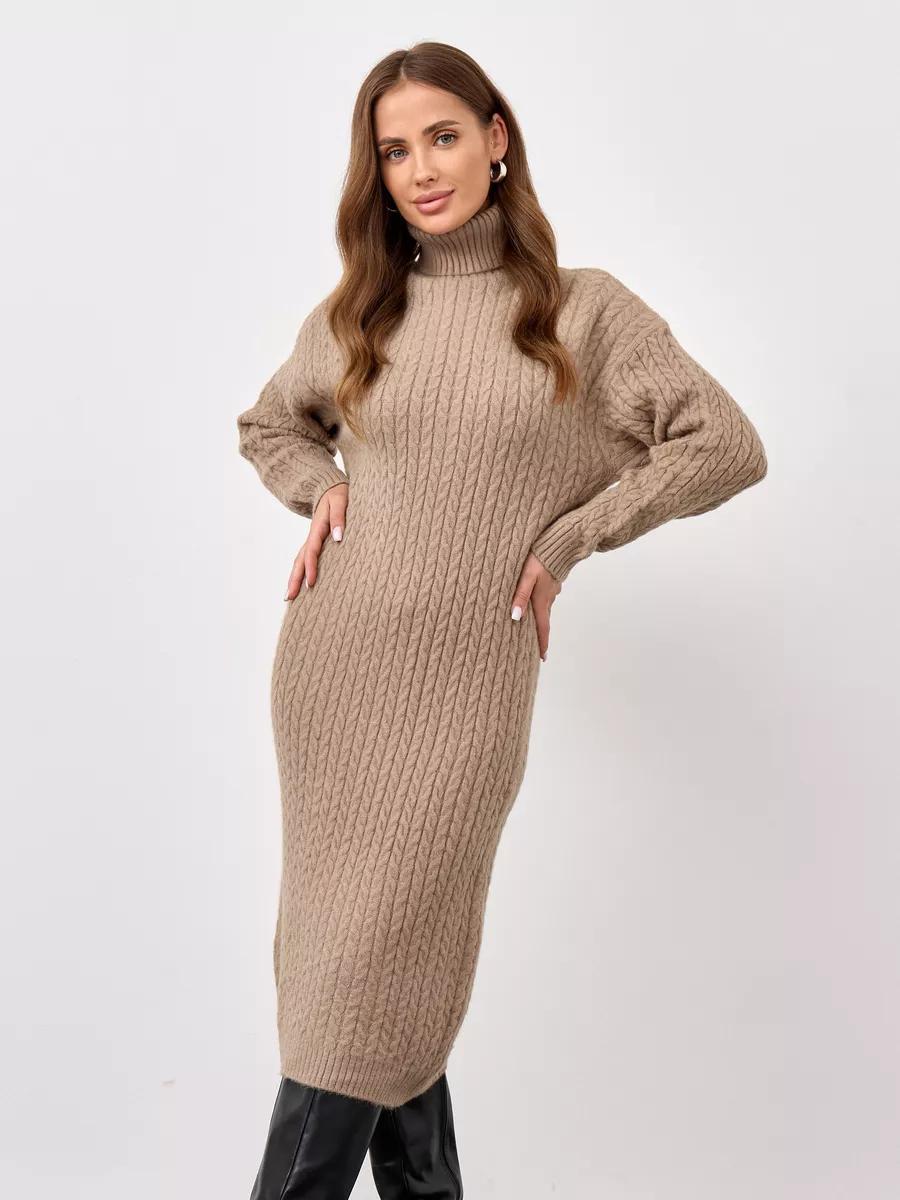 Damen Strickkleid mit hohem Kragen und Zopfmuster Merchesia