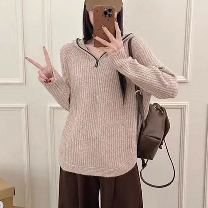 Damen lässiger Strickpullover mit hochgezogenem Kragen und Reißverschluss Merchesia