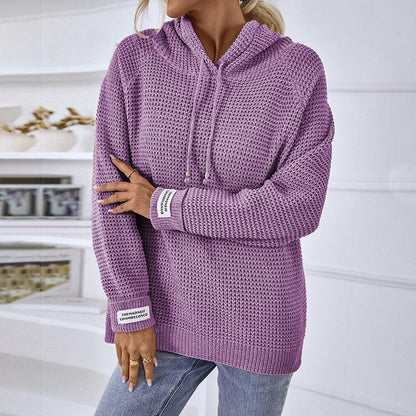Damen bequemer Kapuzenpullover mit strukturiertem Strickmuster und seitlichen Schlitzen Merchesia