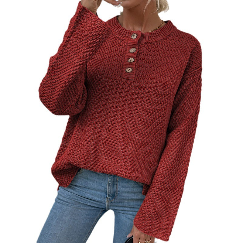 Damen gemütlicher Strickpullover mit Knopfleiste und breiten Ärmeln Merchesia