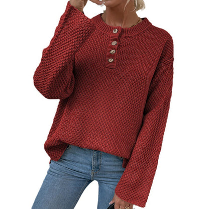 Damen gemütlicher Strickpullover mit Knopfleiste und breiten Ärmeln Merchesia