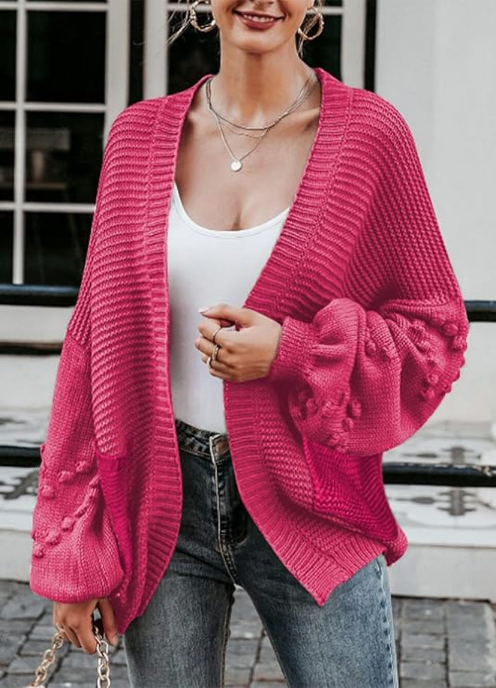 Damen Strickjacke mit Ballonärmeln und strukturierter Maschenoptik Merchesia