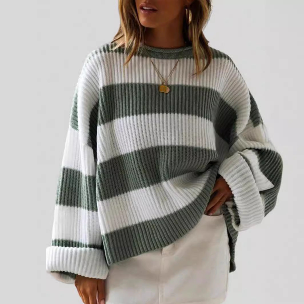 Damen gestreifter Strickpullover mit weitem Schnitt Merchesia