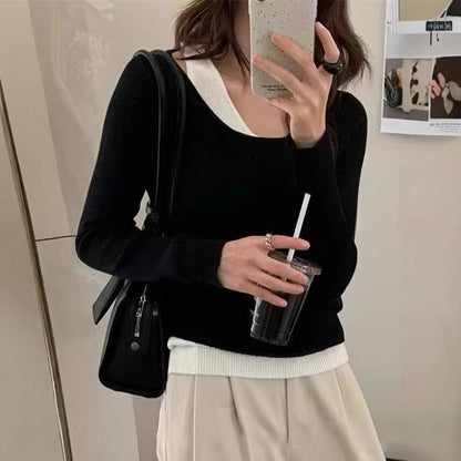 Damen lässiger V-Ausschnitt Strickpullover mit kontrastrierendem Saum Merchesia