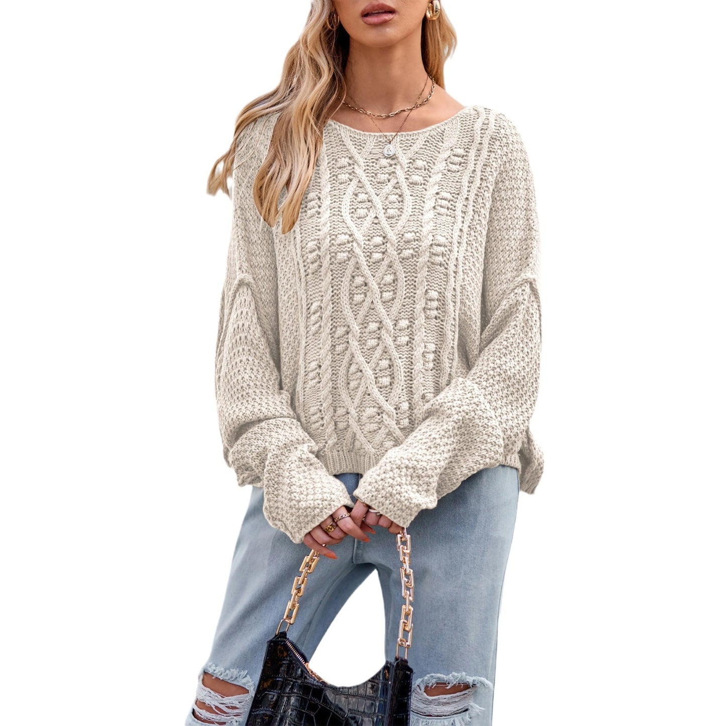 Damen Strickpullover mit strukturiertem Zopfmuster Merchesia