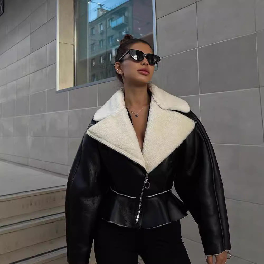 Damen trendige Kurzjacke mit flauschigem Innenfutter und Reißverschluss Merchesia