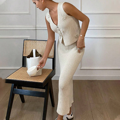 Damen 2-Teiliges Strickset mit modischen Knopfdetails und floralem Design Merchesia