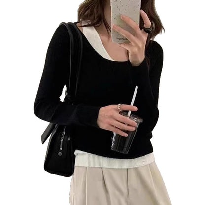 Damen lässiger V-Ausschnitt Strickpullover mit kontrastrierendem Saum Merchesia