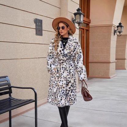 Damen Kuscheliger Leo-Mantel mit Gürtel und Kragen Merchesia