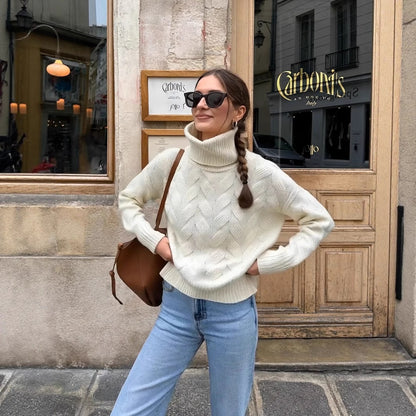 Damen gemütlicher Pullover mit hohem Kragen und Kabelstrick Merchesia