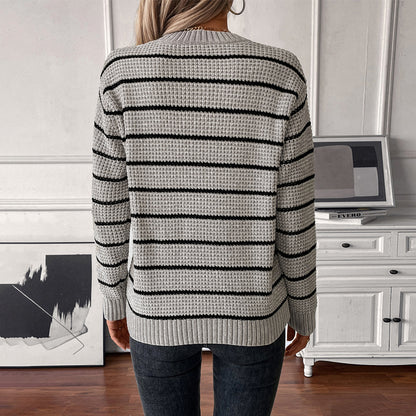 Damen lässiger Strickpullover mit breitem Streifenmuster Merchesia