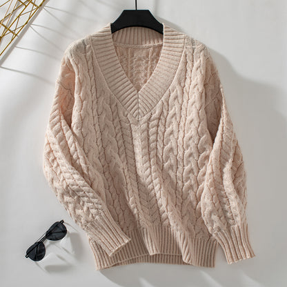 Damen Grobstrickpullover mit V-Ausschnitt und Zopfmuster Merchesia
