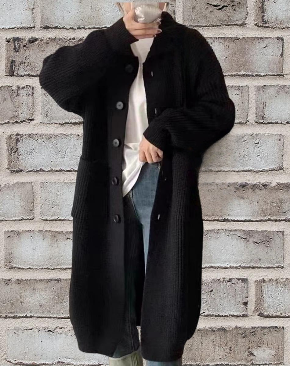 Damen Länger geschnittener Strickcardigan mit Knopfverschluss und aufgesetzten Taschen Merchesia