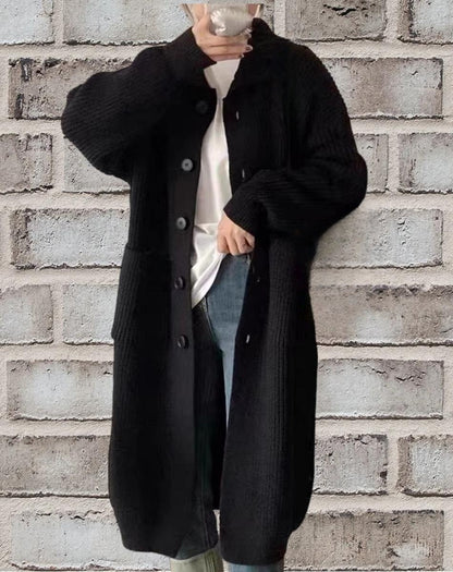 Damen Länger geschnittener Strickcardigan mit Knopfverschluss und aufgesetzten Taschen Merchesia