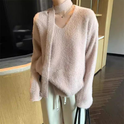 Damen Grobstrickpullover mit tiefem V-Ausschnitt und schicker Banddetails Merchesia