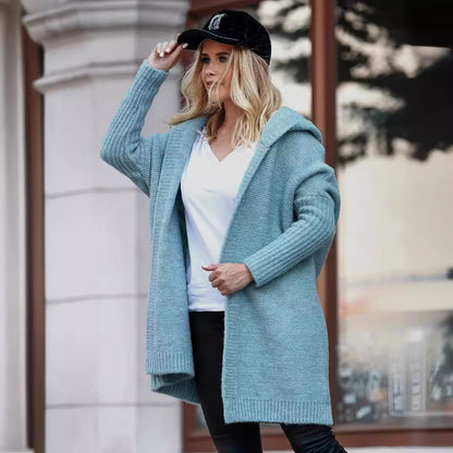 Damen lässiger Strickcardigan mit Kapuze und weiten Ärmeln Merchesia