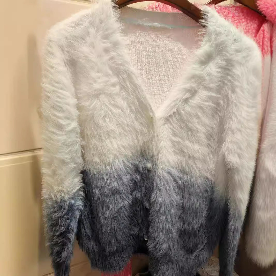 Damen modischer Strickcardigan mit elegantem Kunstfell und Knopfleiste Merchesia