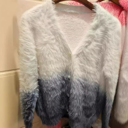 Damen modischer Strickcardigan mit elegantem Kunstfell und Knopfleiste Merchesia