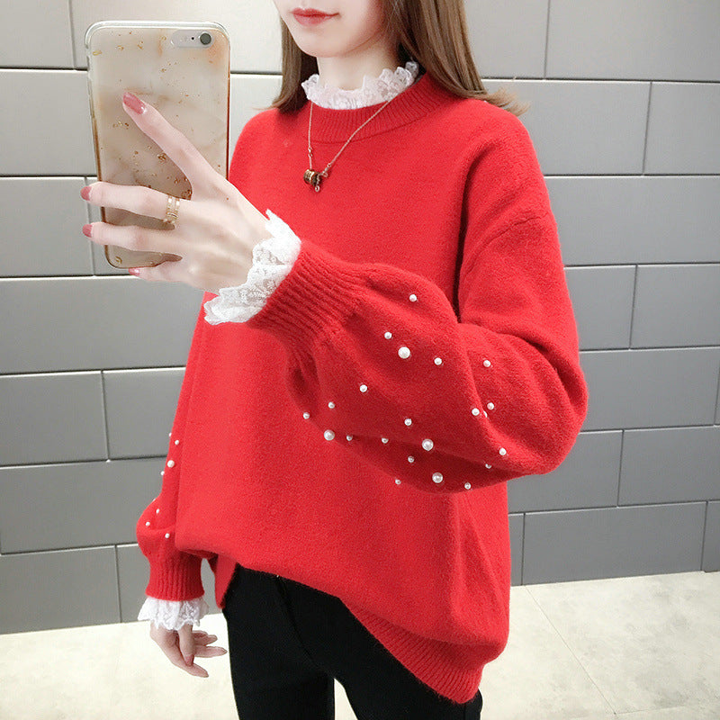 Damen trendiger Strickpullover mit Perlendetails und voluminösen Ärmeln Merchesia