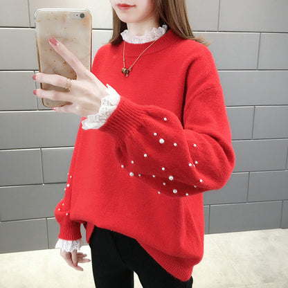 Damen trendiger Strickpullover mit Perlendetails und voluminösen Ärmeln Merchesia