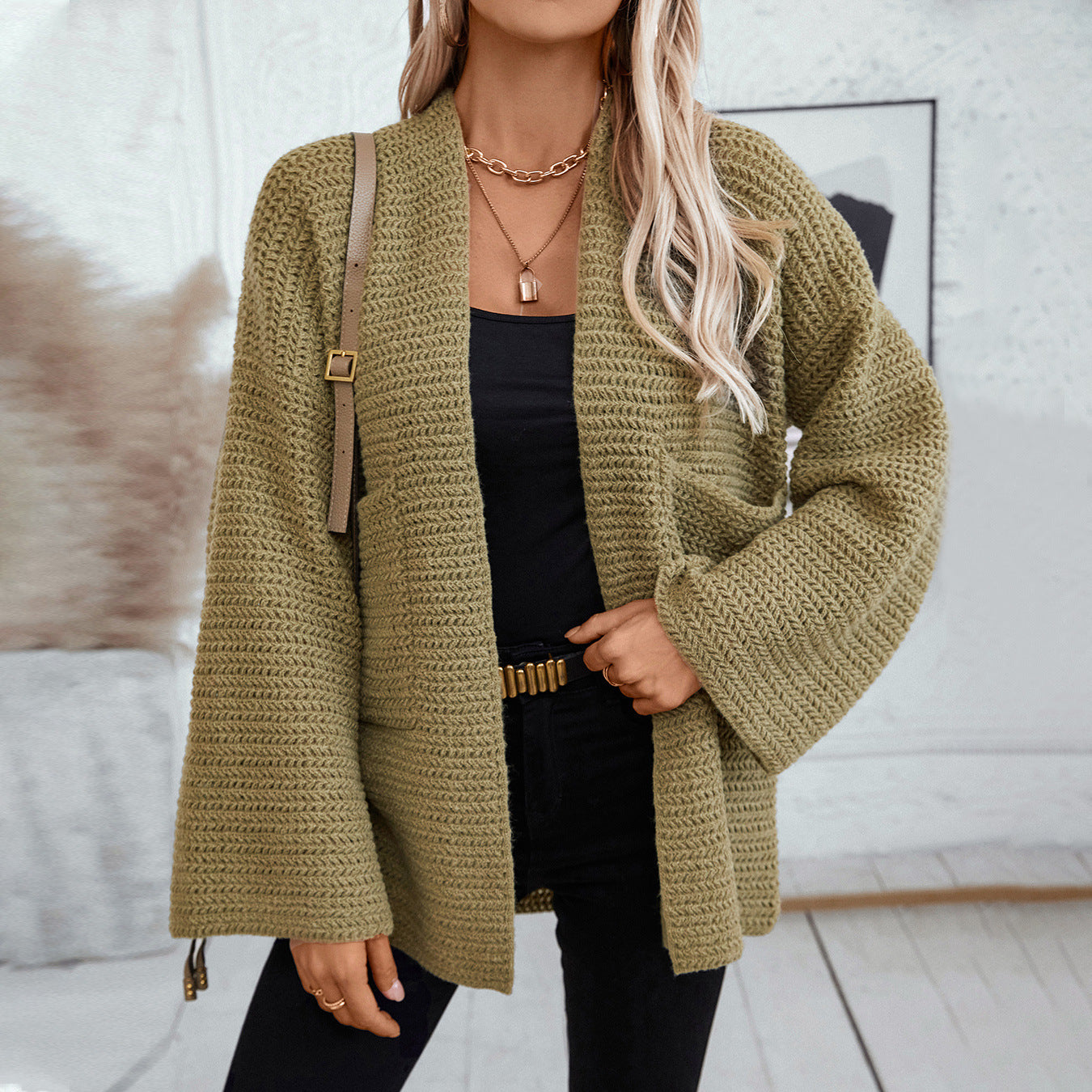 Damen luftige Strickjacke mit großen Taschen und offenen Ärmeln Merchesia