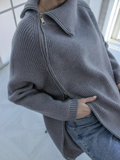 Damen lässiger Strickpullover mit asymmetrischem Reißverschluss und großem Kragen Merchesia