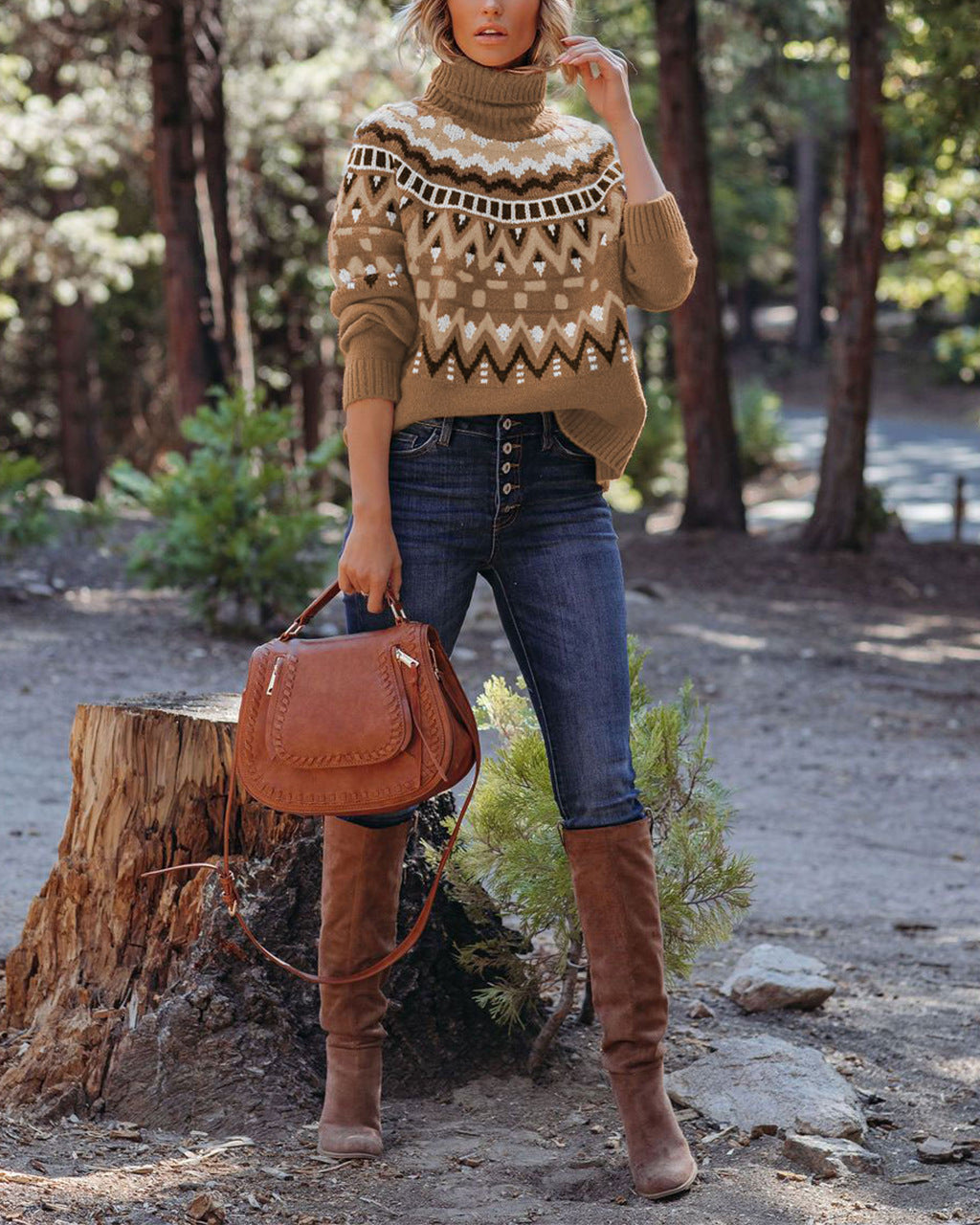 Damen Modischer Strickpullover mit Stehkragen und geometrischem Muster Merchesia