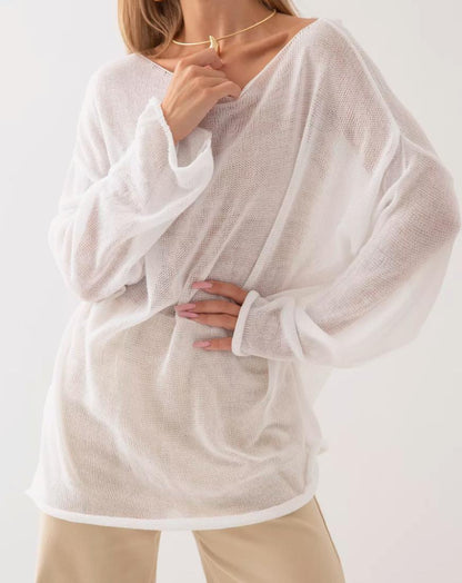 Damen luftige Strickbluse mit offenen Schultern und weiten Ärmeln Merchesia