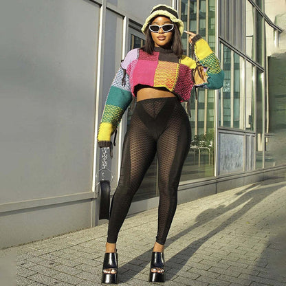 Damen modischer cropped Pulli mit buntem Patchwork-Design Merchesia