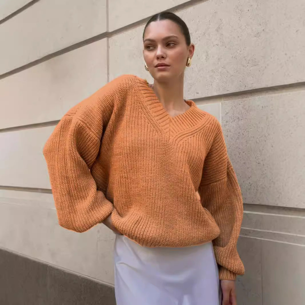Damen lässiger Pullover mit V-Ausschnitt und voluminösen Ärmeln Merchesia