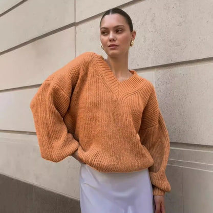 Damen lässiger Pullover mit V-Ausschnitt und voluminösen Ärmeln Merchesia