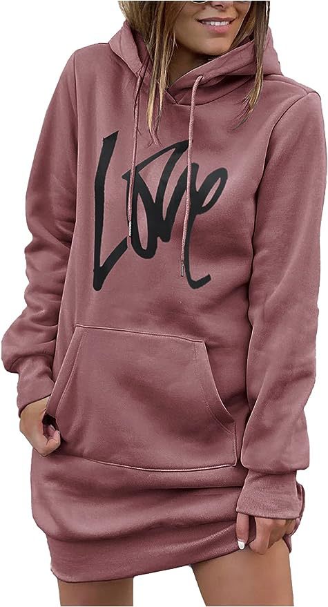 Damen Hoodie-Kleid mit Kängurutasche und auffälligem Schriftzug Merchesia