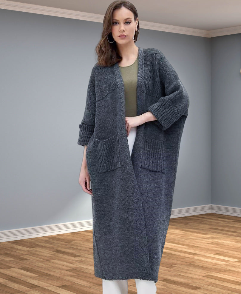 Damen Grobstrickmantel mit praktischen Taschen und elegantem V-Ausschnitt Merchesia