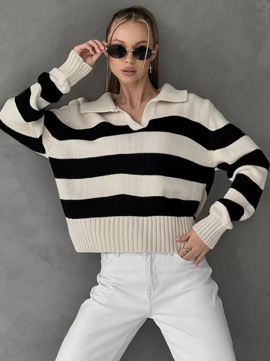 Damen Oversized Pullover mit klassischem Kragen und gestreiftem Design Merchesia