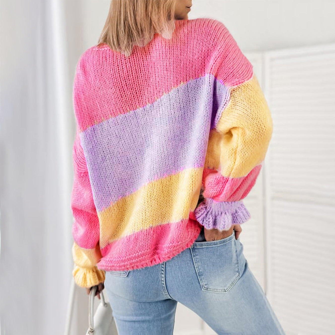 Damen modischer Oversized-Cardigan mit buntem Streifenmuster und voluminösen Ärmeln Merchesia