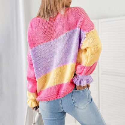 Damen modischer Oversized-Cardigan mit buntem Streifenmuster und voluminösen Ärmeln Merchesia