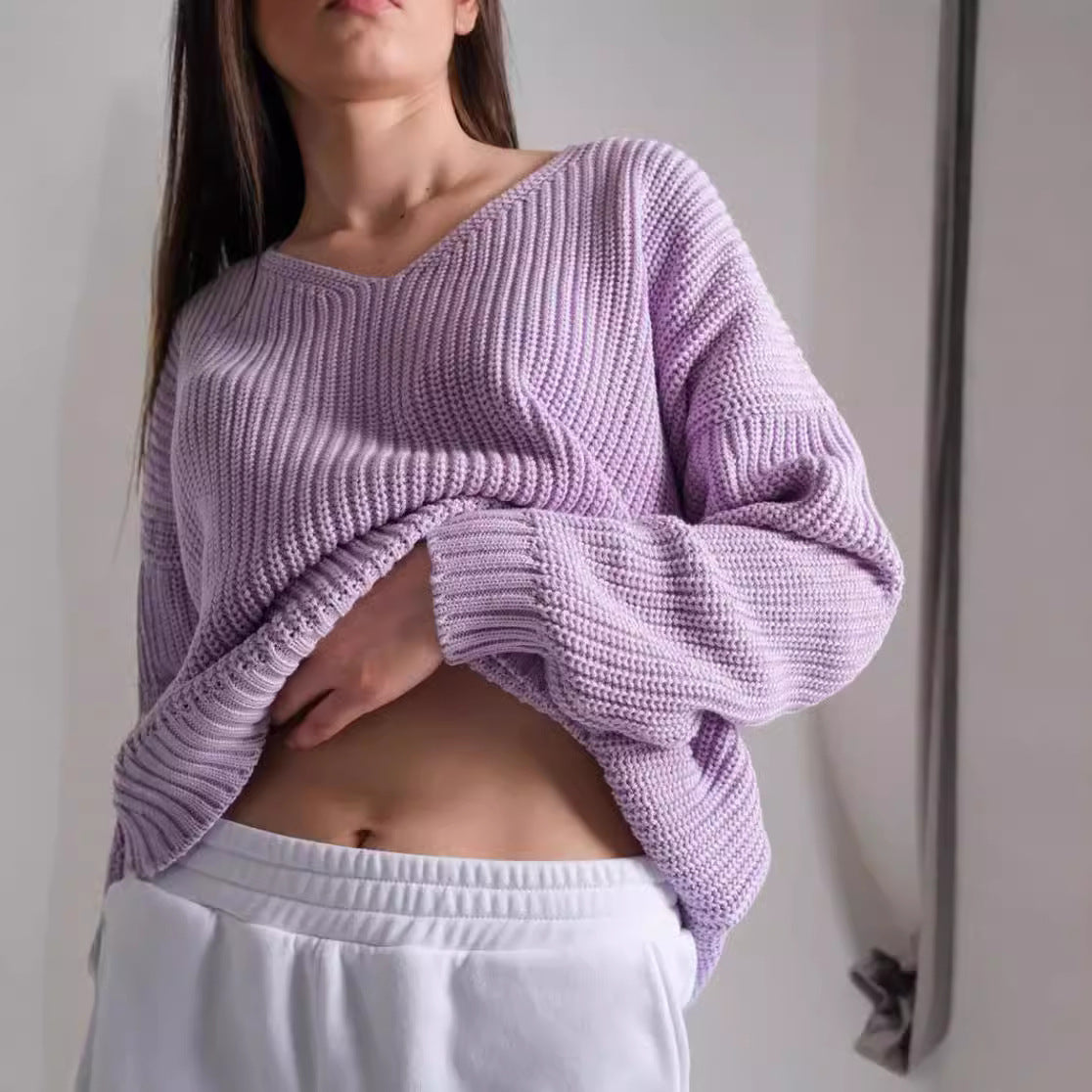 Damen lässiger Strickpullover mit tiefem V-Ausschnitt und seitlichen Schlitzen Merchesia