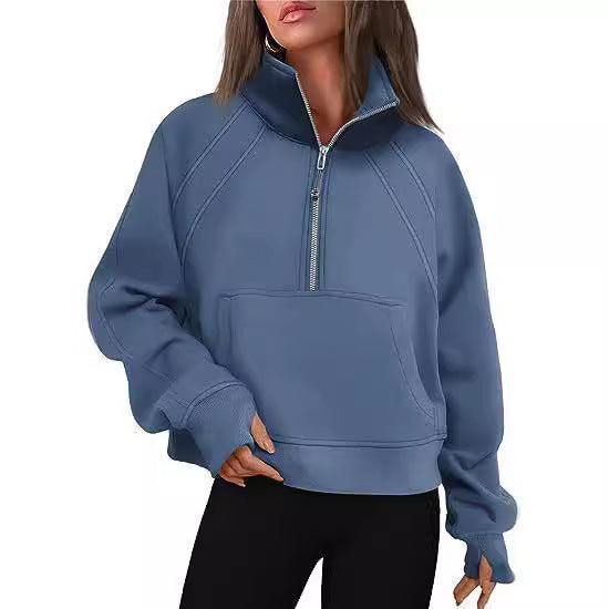 Damen kuscheliger Half-Zip Pullover mit Kapuze und Kängurutasche Merchesia