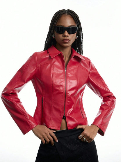 Damen Hochwertige Kunstlederjacke im figurbetonten Schnitt Merchesia