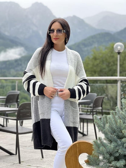 Damen lässiger Strickcardigan mit modischem Blockstreifenmuster und weitem Schnitt Merchesia