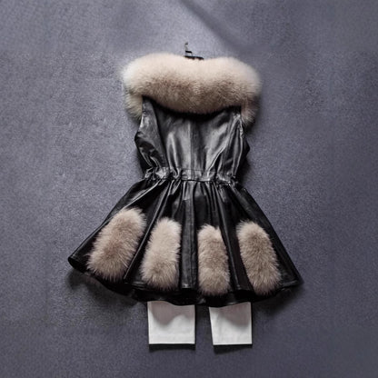 Damen Eleganter Kunstledermantel mit Kunstfellakzenten und Gürtel Merchesia