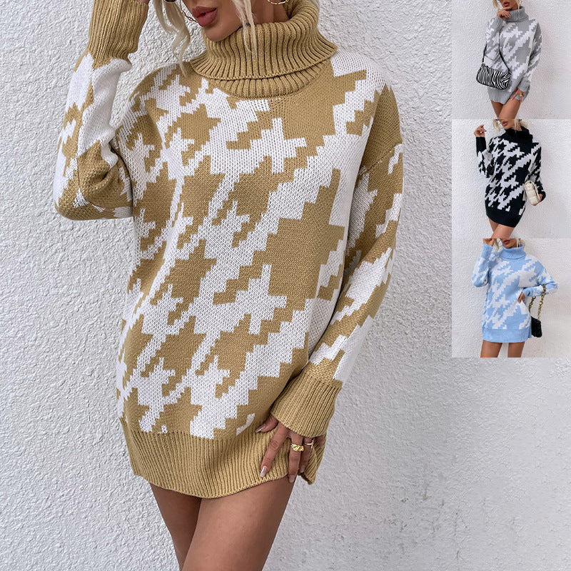 Damen Oversized Pullover mit Hohem Kragen und Modernem Muster Merchesia