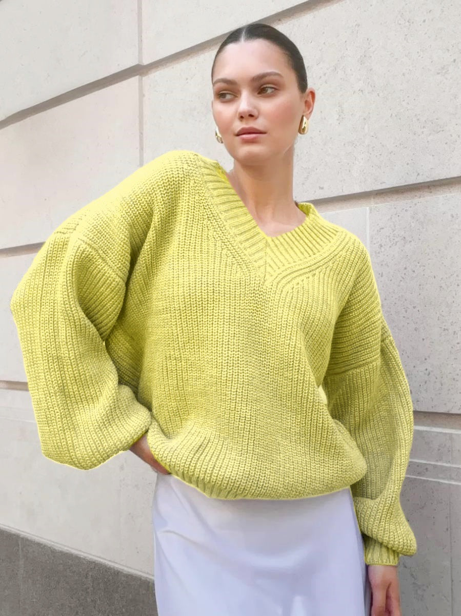 Damen lässiger Pullover mit V-Ausschnitt und voluminösen Ärmeln Merchesia