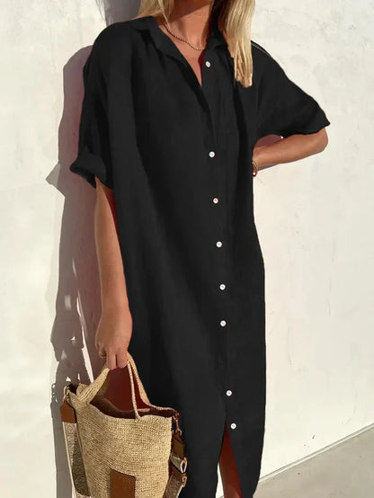 elegantes, lässiges kleid für damen mit weiten Ärmeln und knöpfen kleid aus baumwolle und leinen