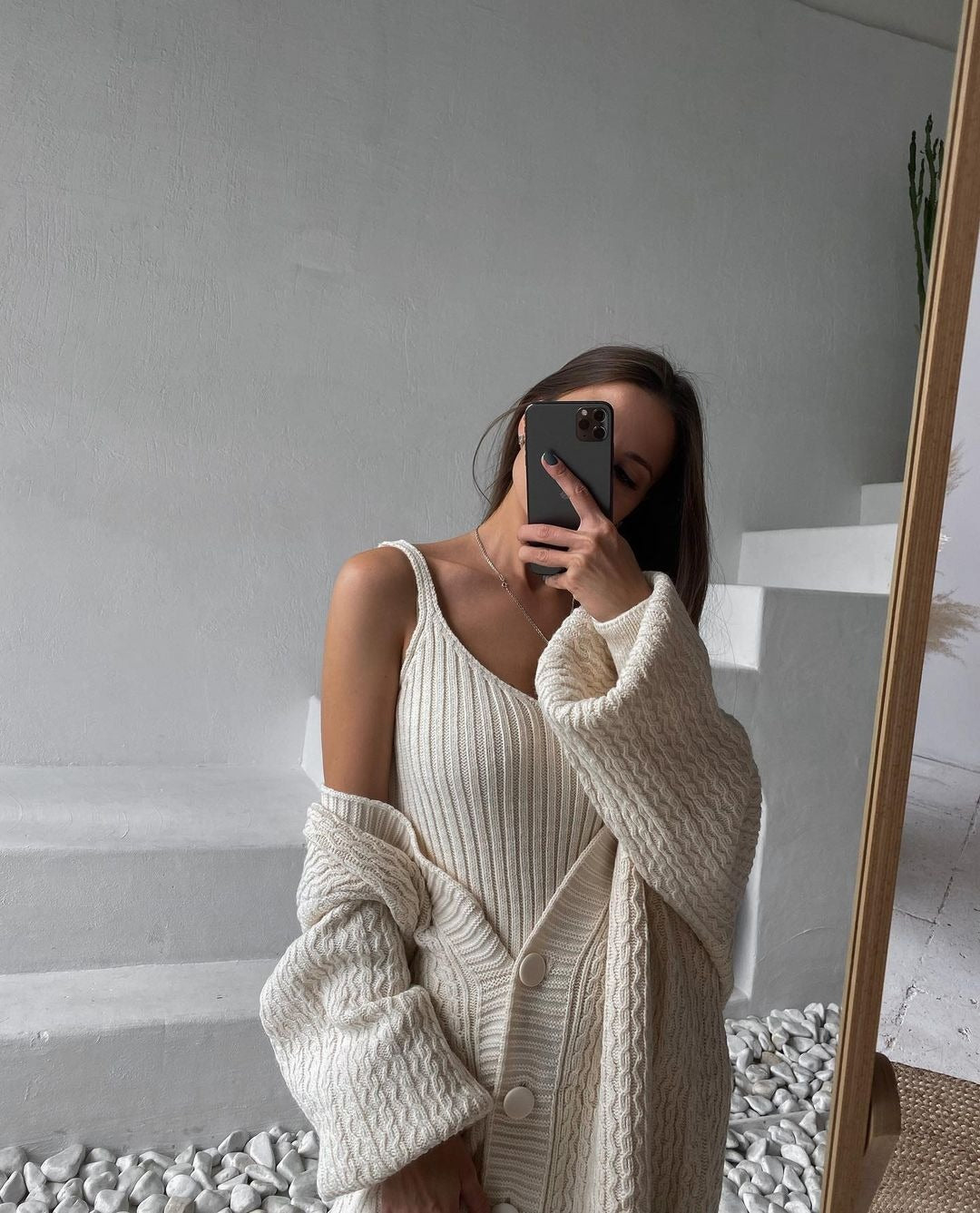 Damen Großer Strickcardigan mit Knopfleiste und Ballonärmeln Merchesia