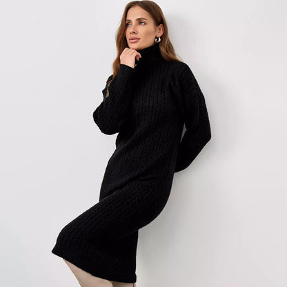 Damen Strickkleid mit hohem Kragen und Zopfmuster Merchesia