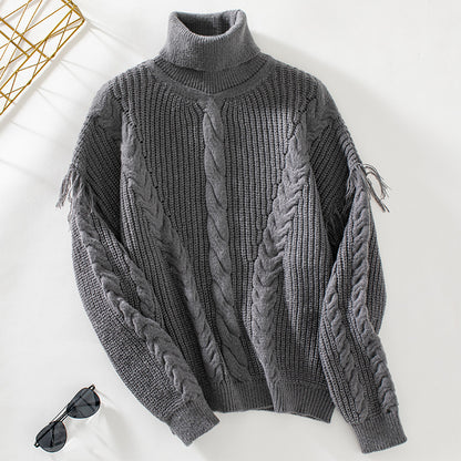 Damen Strickpullover mit hohem Kragen und Zopfmuster Merchesia