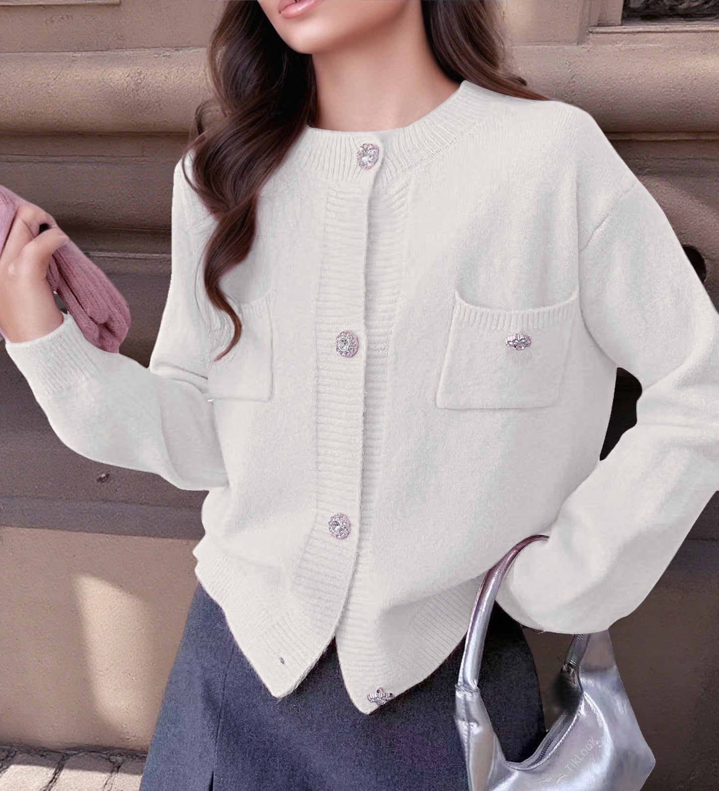 Damen Strickjacke mit dekorativen Taschen und edlen Knöpfen Merchesia