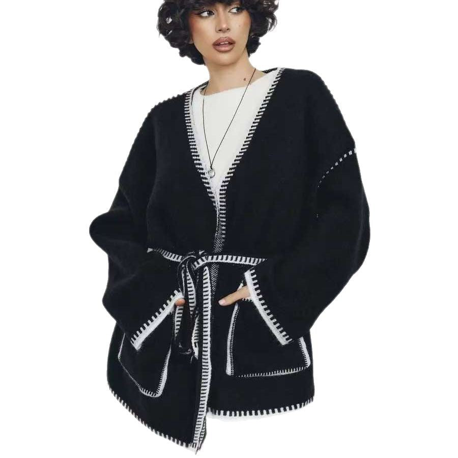 Damen gemütlicher Strickcardigan mit tiefem V-Ausschnitt und praktischen Taschen Merchesia